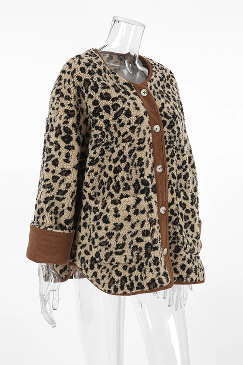 Casual Leopard Pocket Buttons Patchwork O Neck Outerwear - Panekey