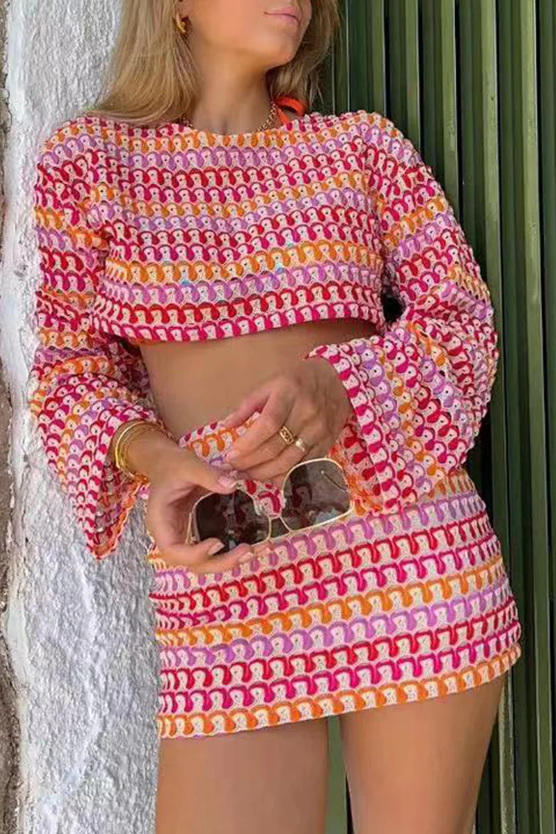 Casual Colorblock Lace Contrast O Neck Long Sleeve Two Pieces - Panekey