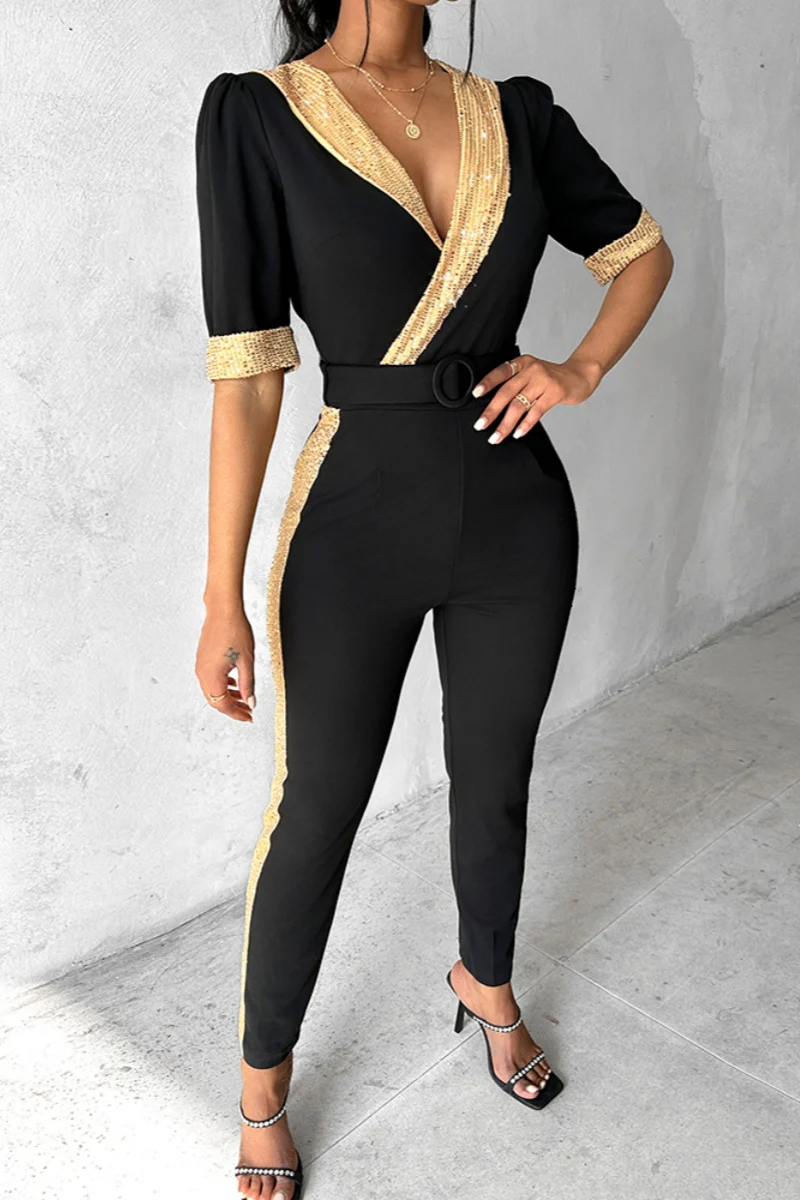 Casual Patchwork Sequins V Neck Skinny Jumpsuits - Panekey