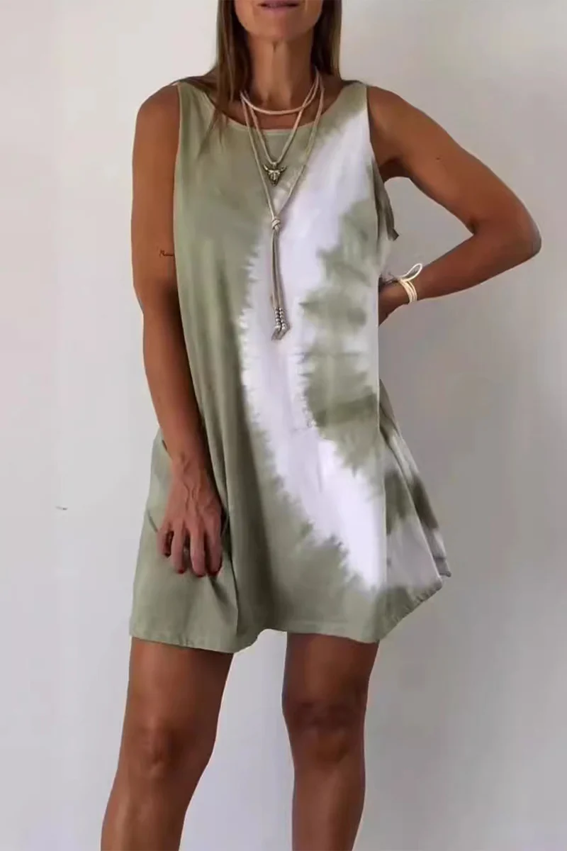 Casual Gradient Print Tie Dye Contrast O Neck Sleeveless Dresses - Panekey