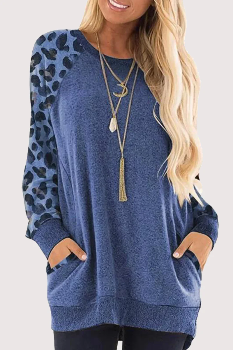 Casual Leopard Split Joint Pocket O Neck Tops - Panekey