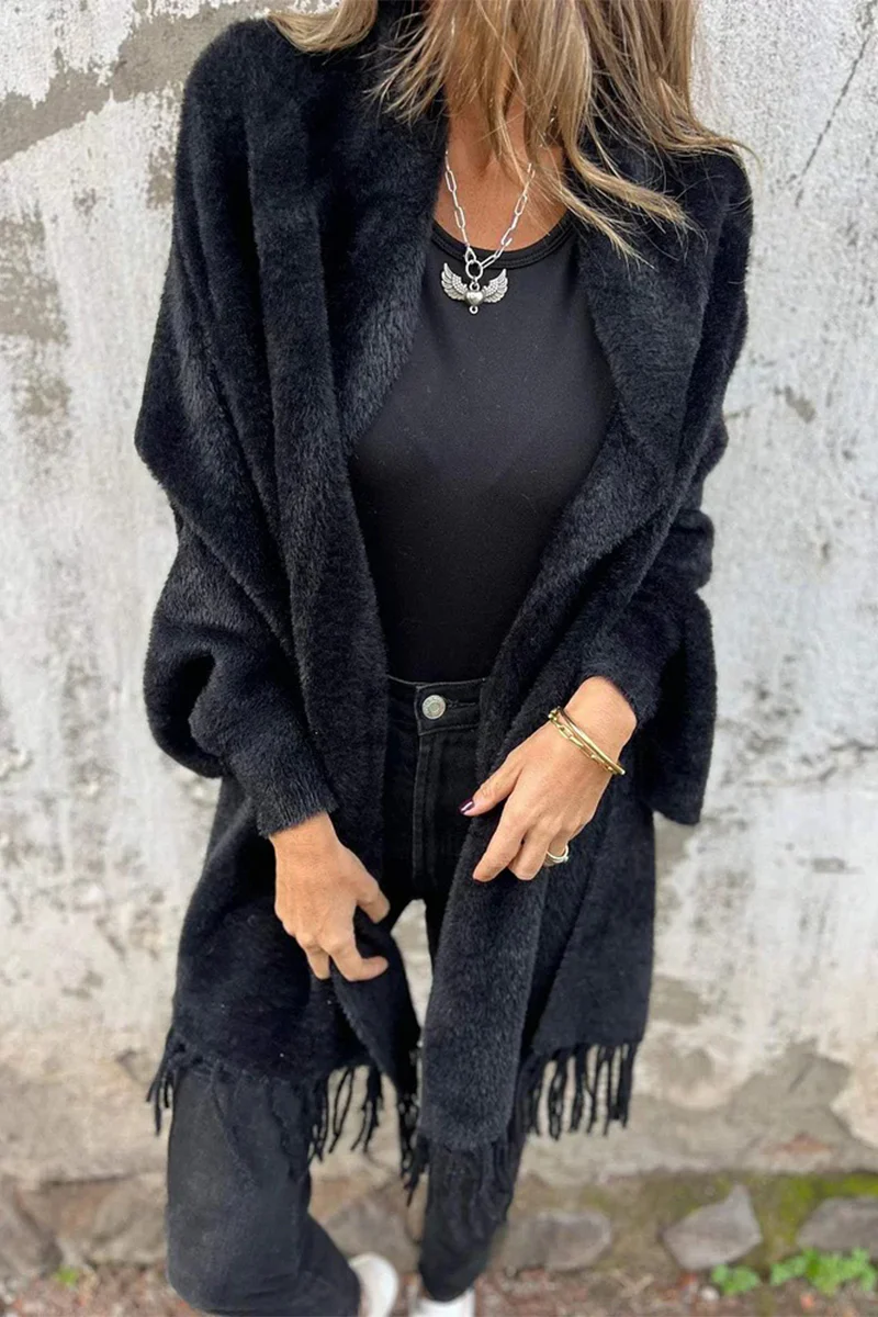 Casual Fringed Trim Fluffy Shawl Collar Outerwear(3 Colors) - Panekey