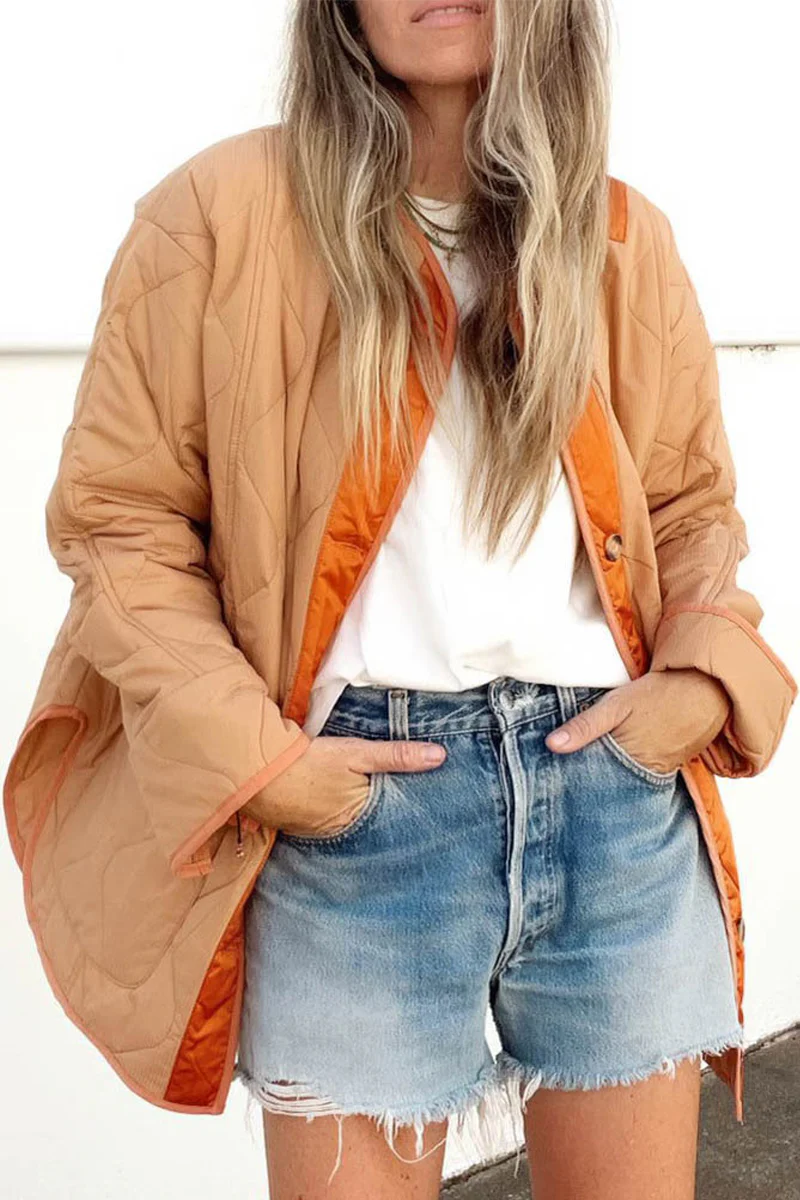 Casual Color Block Buckle Contrast O Neck Outerwear - Panekey