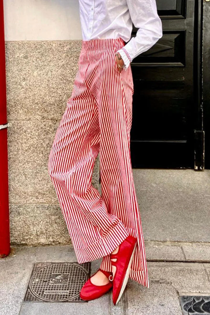 Casual Daily Plaid Stripe Pocket Loose High Waist Straight Full Print Bottoms(4 Colors) - Panekey