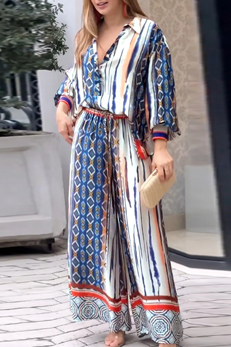 Casual Geometric Printing V Neck Two Pieces - Panekey