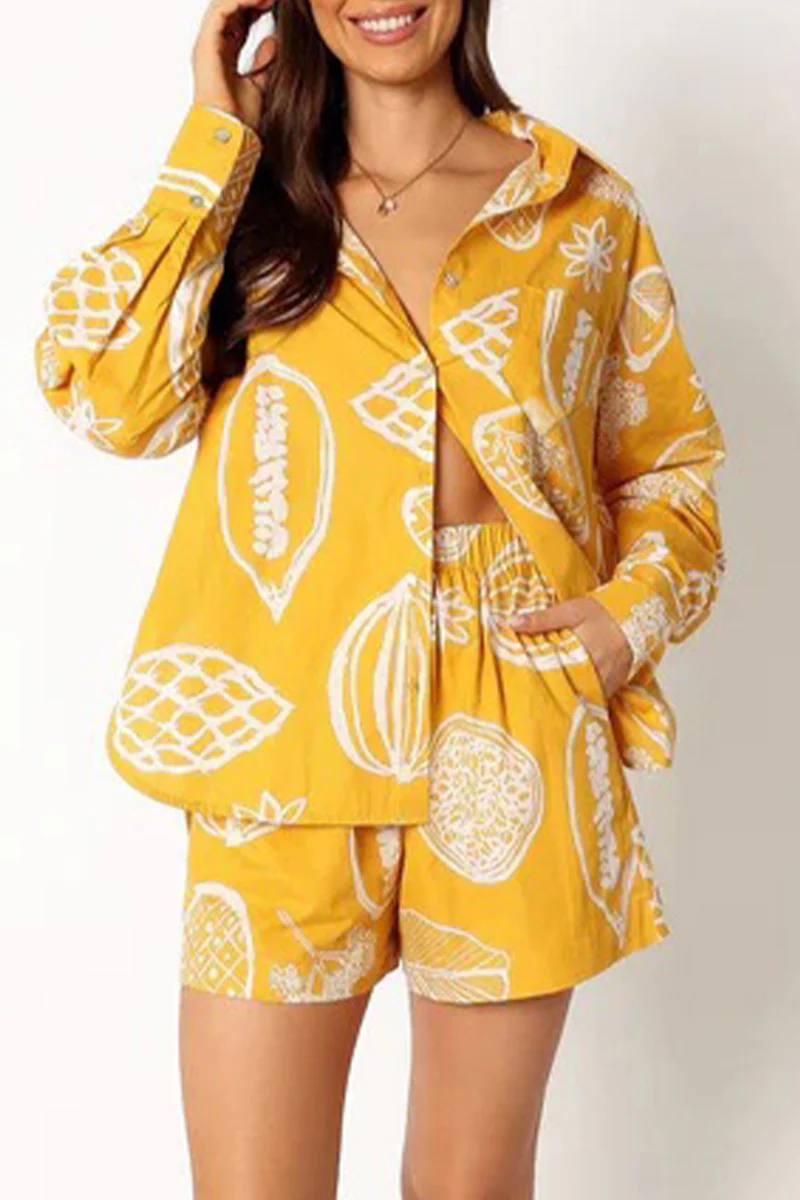 Casual Floral Patchwork Turndown Collar Long Sleeve Two Pieces - Panekey