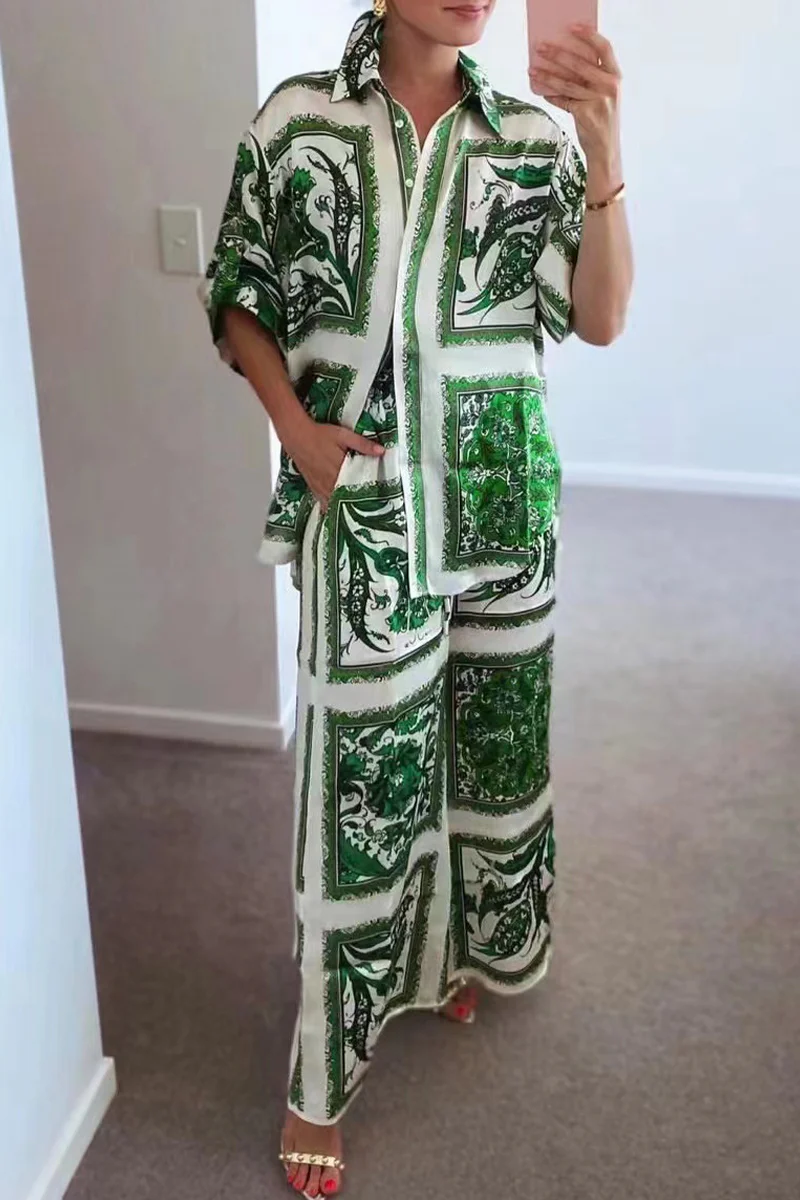 Casual Living Print Patchwork Turndown Collar Short Sleeve Two Pieces - Panekey