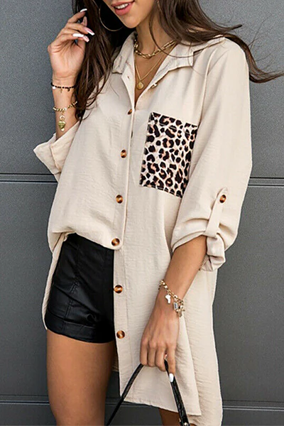 Casual Leopard Split Joint Buckle Turndown Collar Tops - Panekey