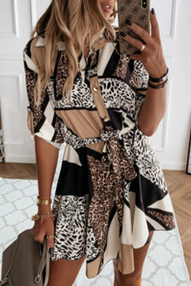 Casual Elegant Print Leopard Frenulum Buckle Dresses - Panekey