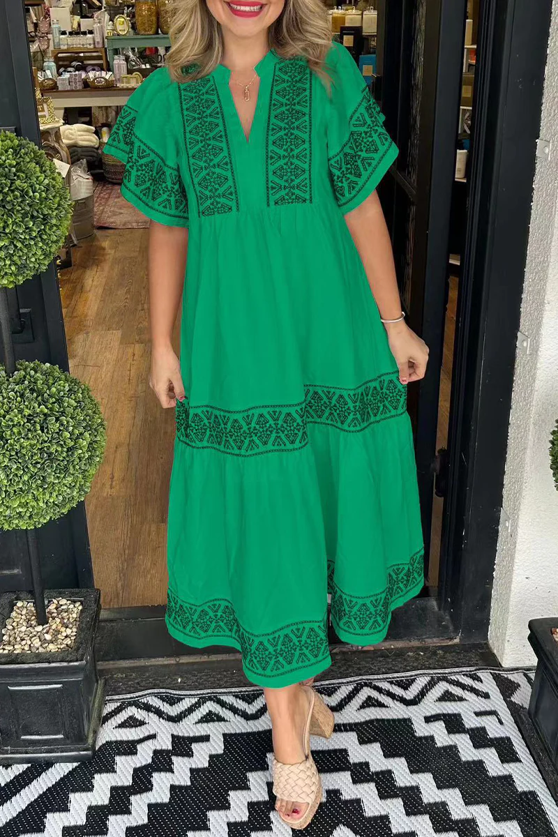 Casual Geometric Print Patchwork V Neck A Line Short Sleeve Dress(7 Colors) - Panekey