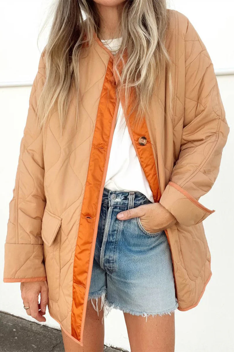 Casual Color Block Buckle Contrast O Neck Outerwear - Panekey