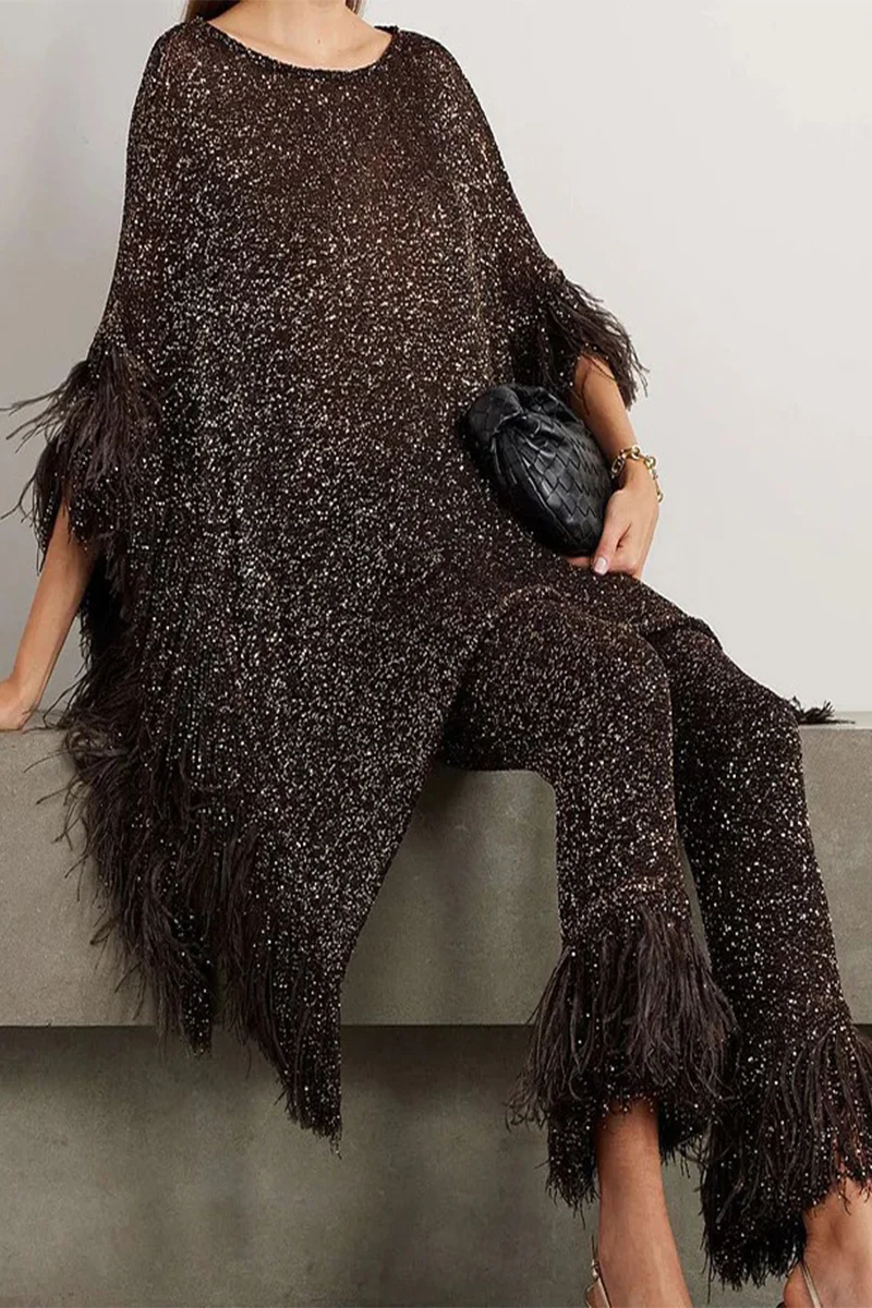 Casual Celebrities Solid Sequins Sequined O Neck Long Sleeve Two Pieces - Panekey