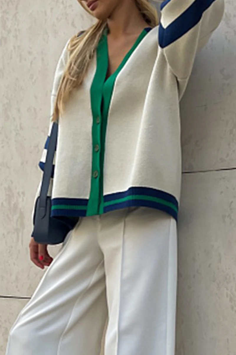 Casual Color Block Contrast V Neck Tops - Panekey