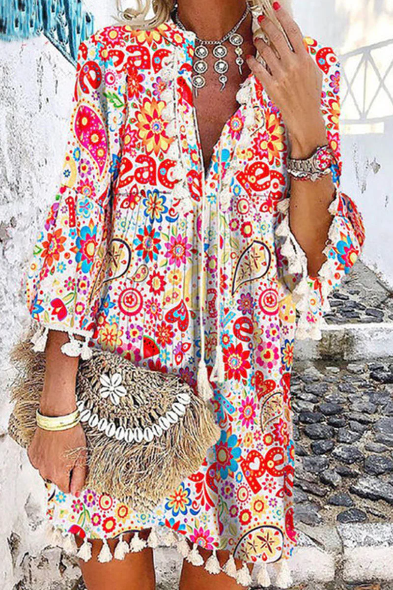 British Style Print Tassel V Neck Princess Midi Dresses - Panekey
