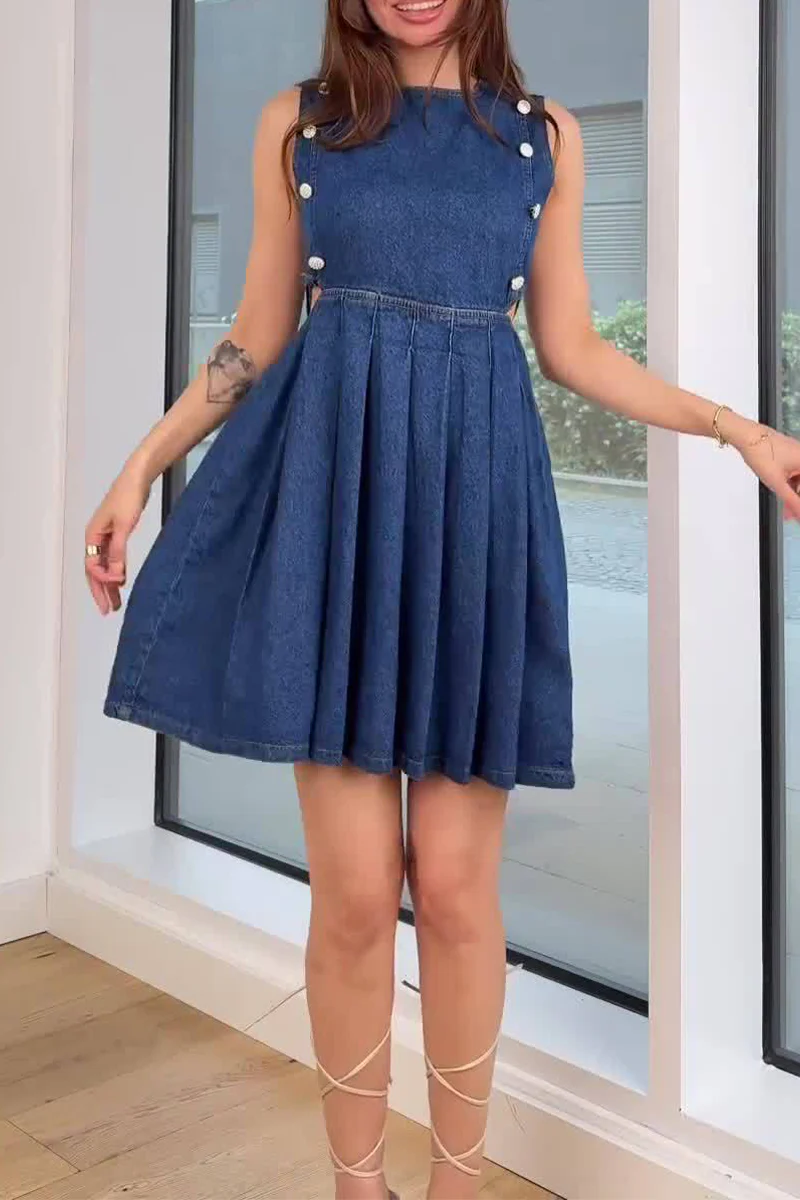 Casual Hollow Out Ruched Zipper O Neck Sleeveless Denim Dresses - Panekey