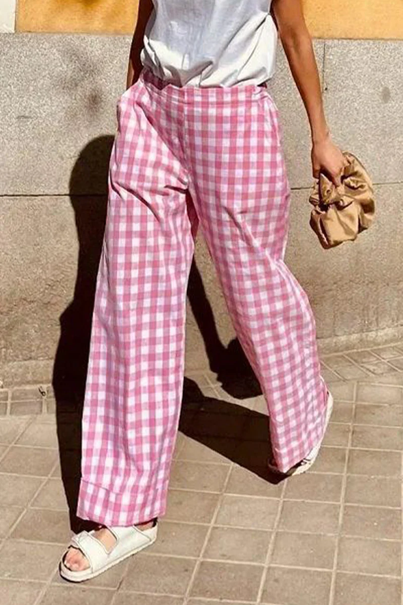 Casual Daily Plaid Stripe Pocket Loose High Waist Straight Full Print Bottoms(4 Colors) - Panekey