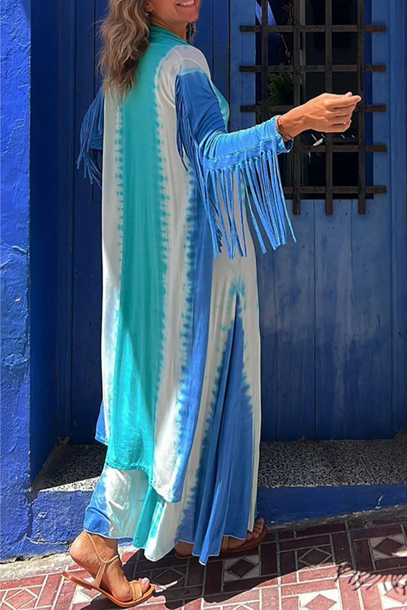 Casual Geometric Print Tassel Cardigan Collar Outerwear - Panekey