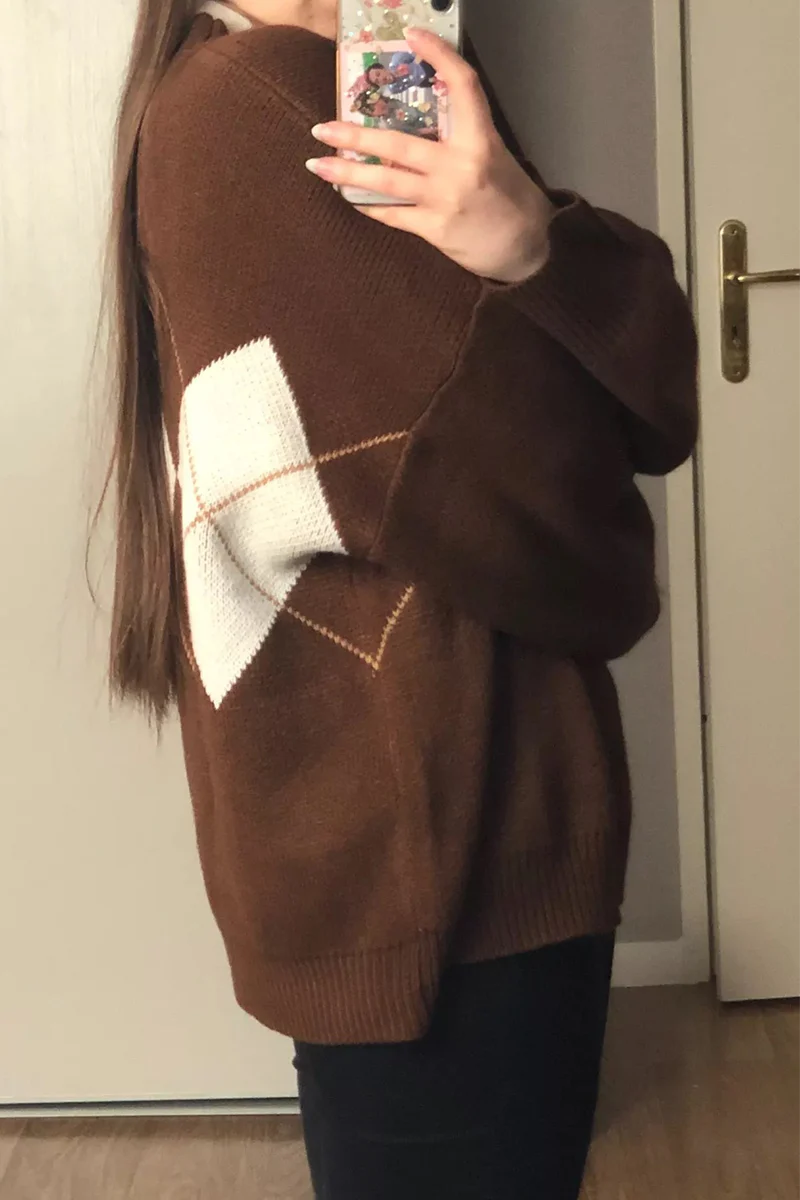 Casual Geometric Patchwork Contrast O Neck Tops Sweater(3 Colors) - Panekey