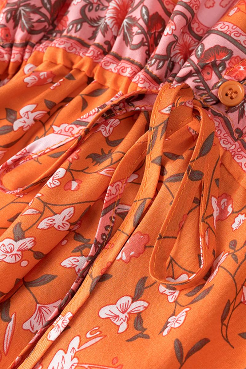 Casual Floral Print Lace Up V Neck A Line Dresses - Panekey