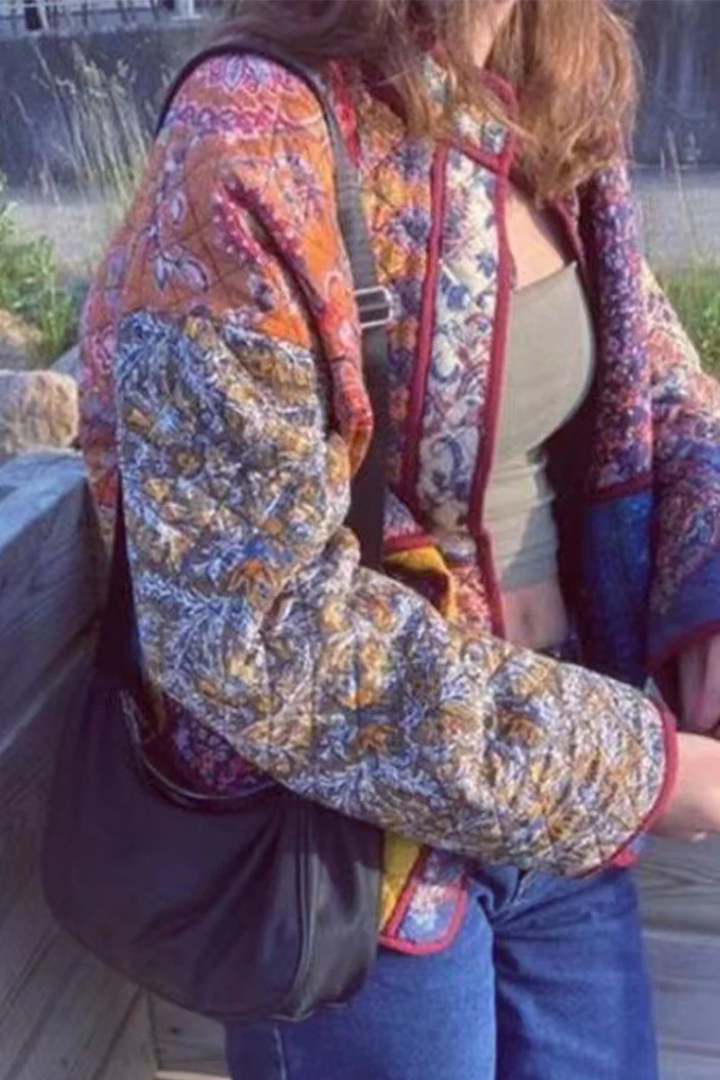 Casual Flowers Pocket Patchwork Contrast Mandarin Collar Outerwear - Panekey