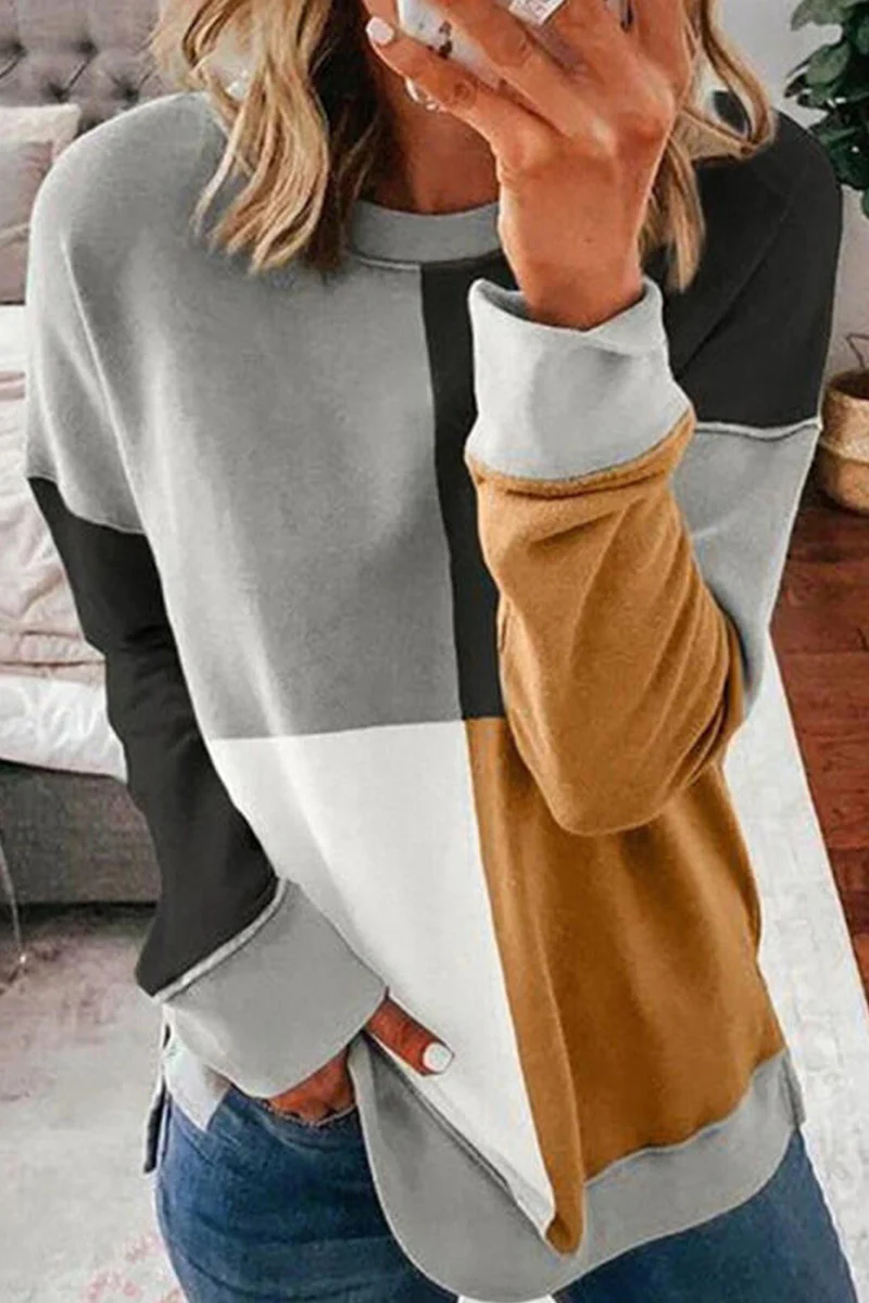 Casual Color Lump Patchwork Contrast O Neck Tops(5 Colors) - Panekey