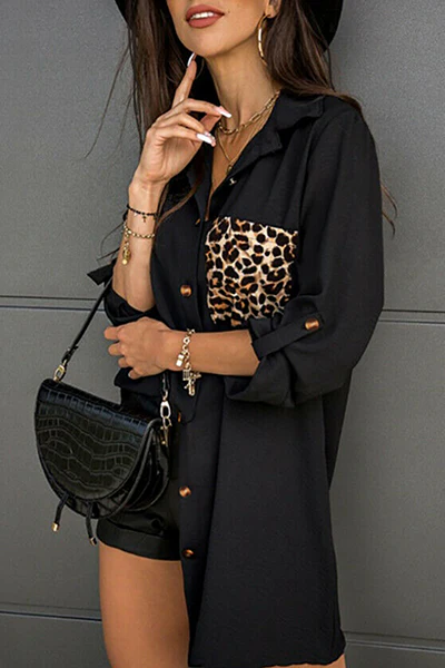 Casual Leopard Split Joint Buckle Turndown Collar Tops - Panekey