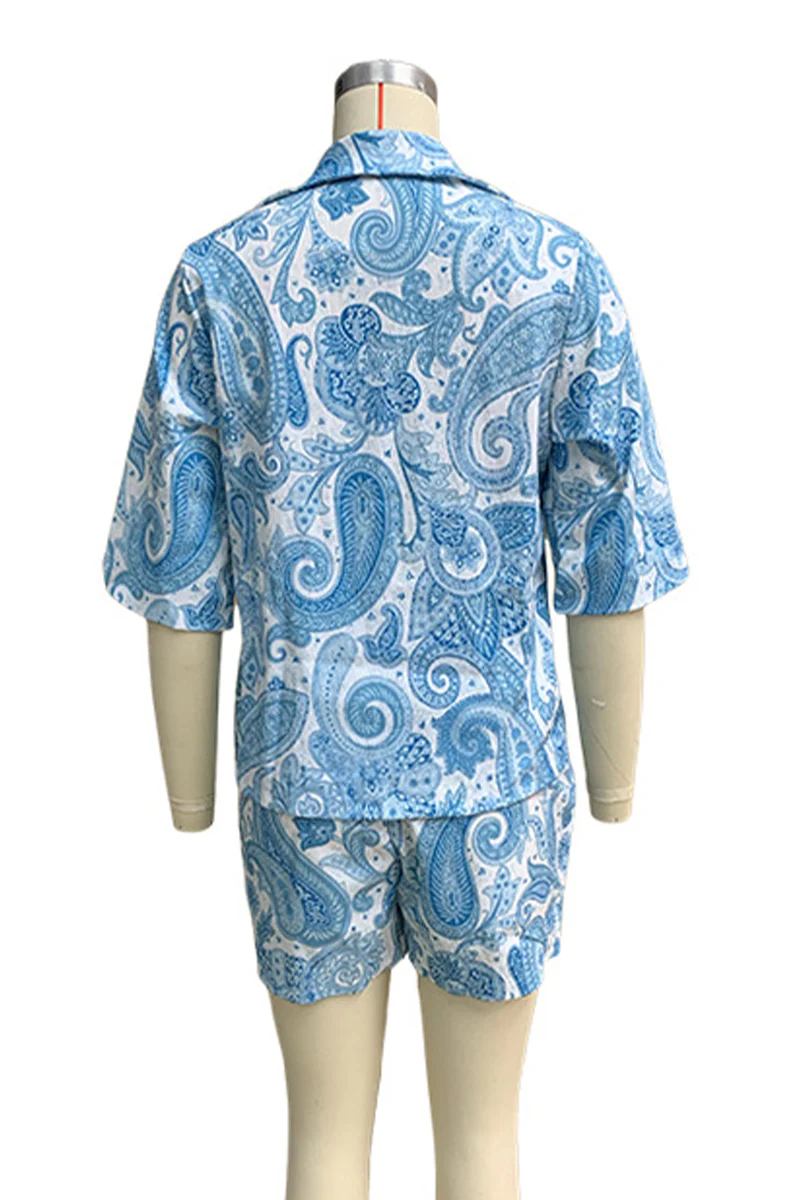 Casual Daily Floral Print Pocket Turndown Collar Short Sleeve Two Pieces - Panekey