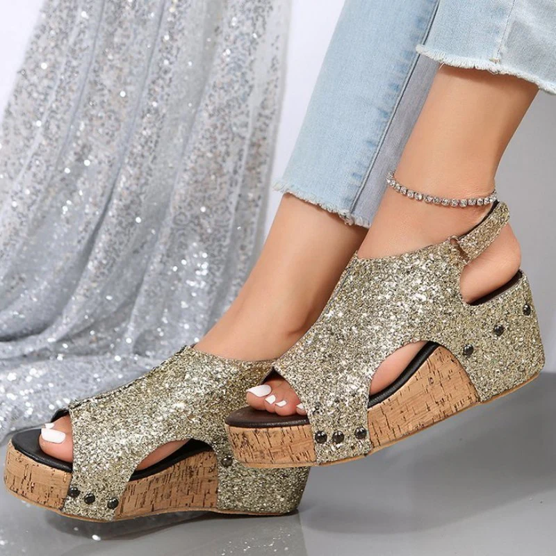 Casual Hollowed Out Sequins Patchwork Fish Mouth Out Door Wedges Shoes - Panekey