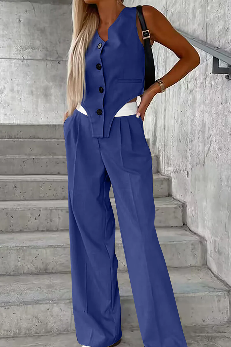 Casual British Style Solid Buttons Fold Asymmetrical V Neck Sleeveless Two Pieces(8 Colors) - Panekey