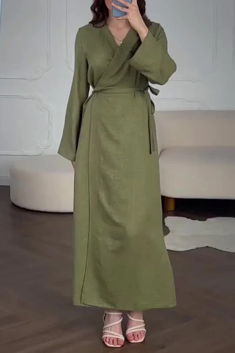 Casual Daily Solid Color Lace Up V Neck A Line Dresses - Panekey