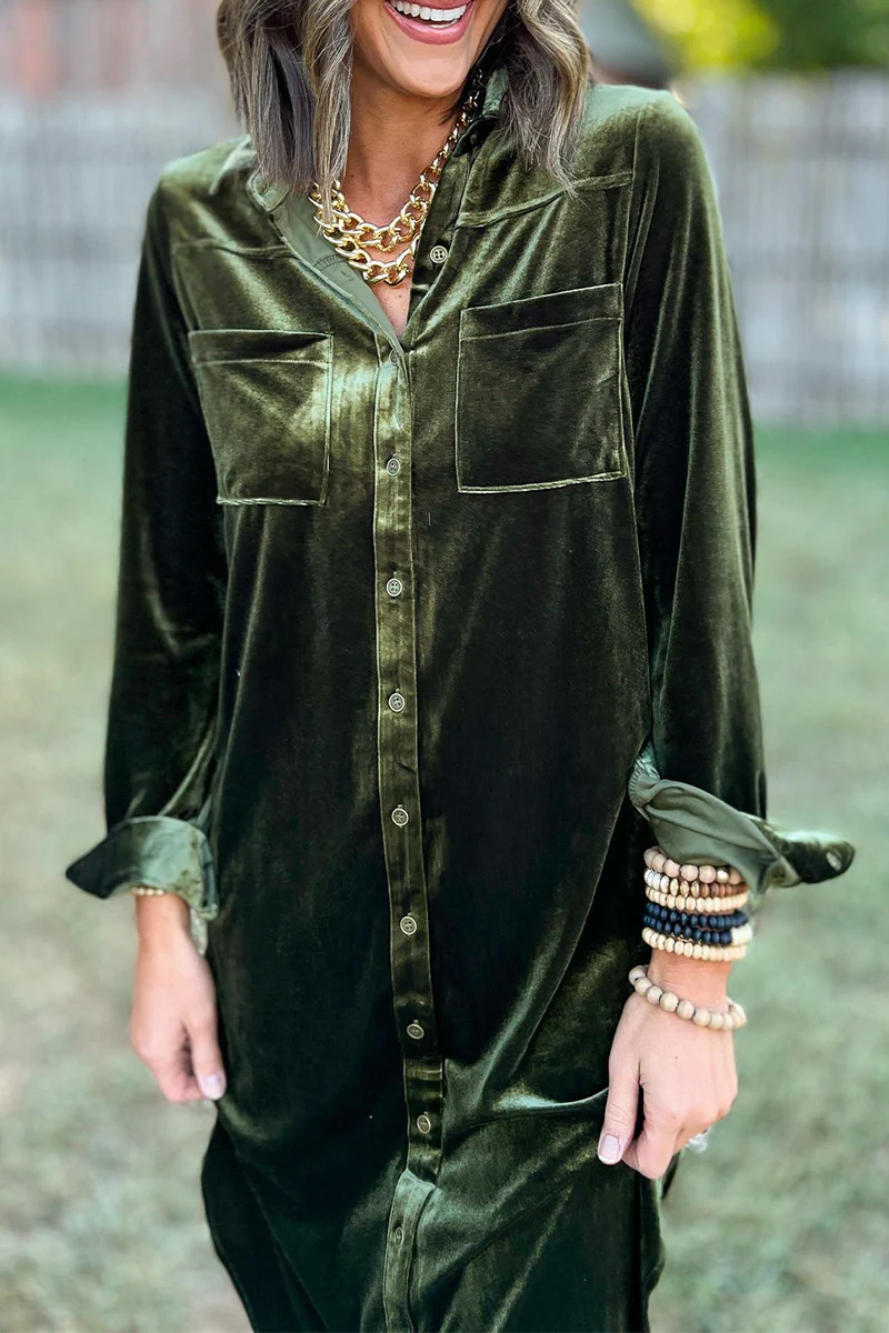 Casual Pocket Buckle Turndown Collar Shirt Dresses(3 Colors) - Panekey