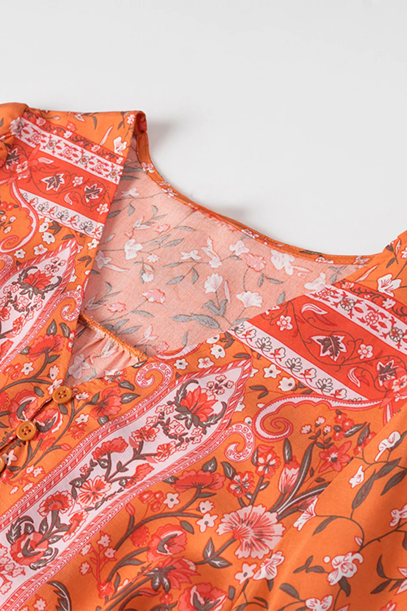 Casual Floral Print Lace Up V Neck A Line Dresses - Panekey