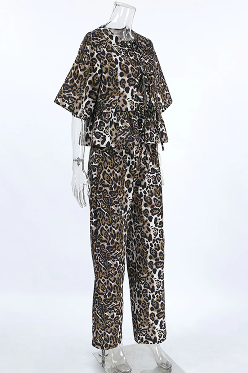 Casual Leopard Lace Up Contrast O Neck Short Sleeve Two Pieces - Panekey
