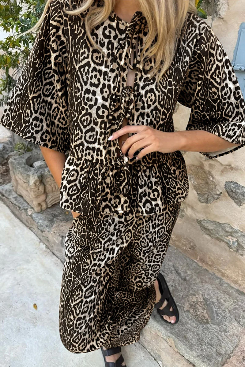 Casual Leopard Lace Up Contrast O Neck Short Sleeve Two Pieces - Panekey