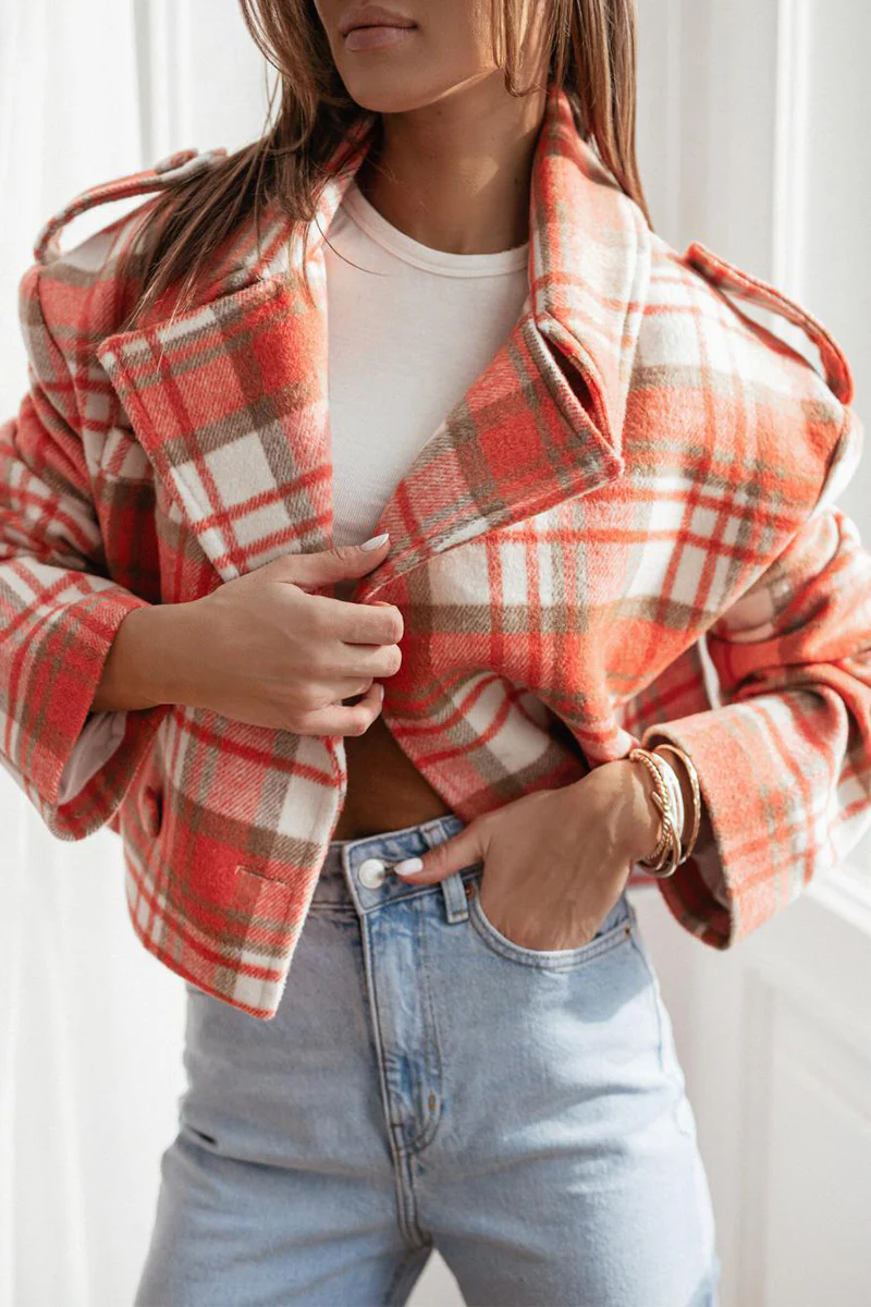 Casual Plaid Buttons Contrast Turn-back Collar Outerwear(3 Colors) - Panekey