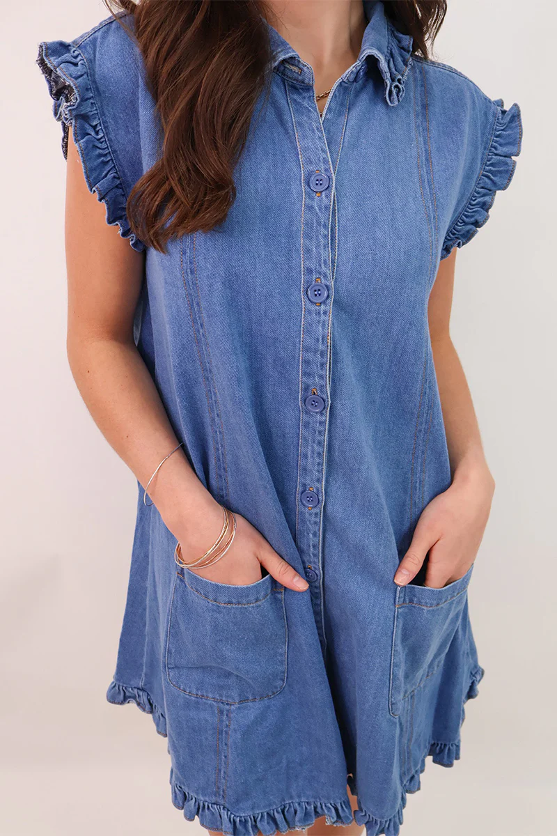 Casual Daily Solid Color Distressed Pocket Ruffle Shirt Collar Short Sleeve Loose Denim Dresses - Panekey