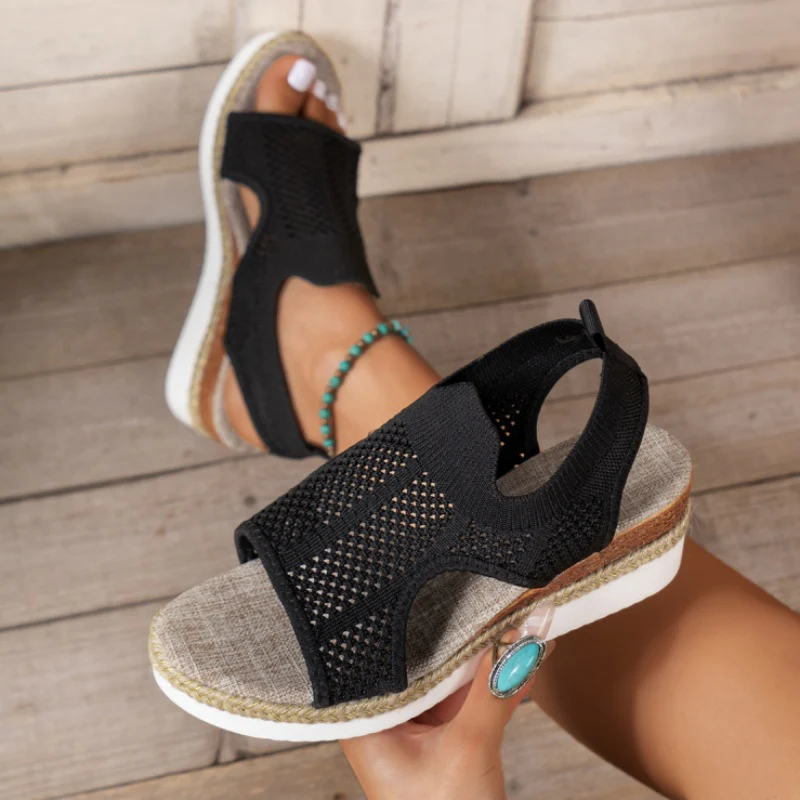 Casual Hollowed Out Patchwork Contrast Fish Mouth Out Wedges Shoes (Heel Height 2.16in) - Panekey