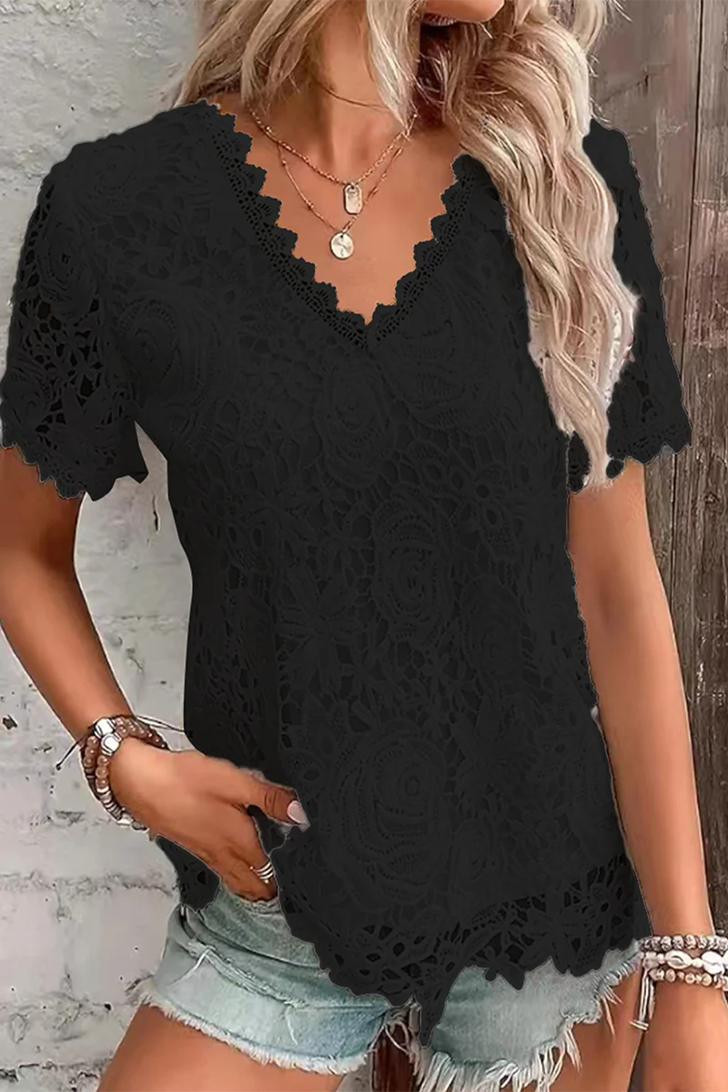 Casual Daily Solid Color Lace V Neck T-Shirts(5 Colors) - Panekey