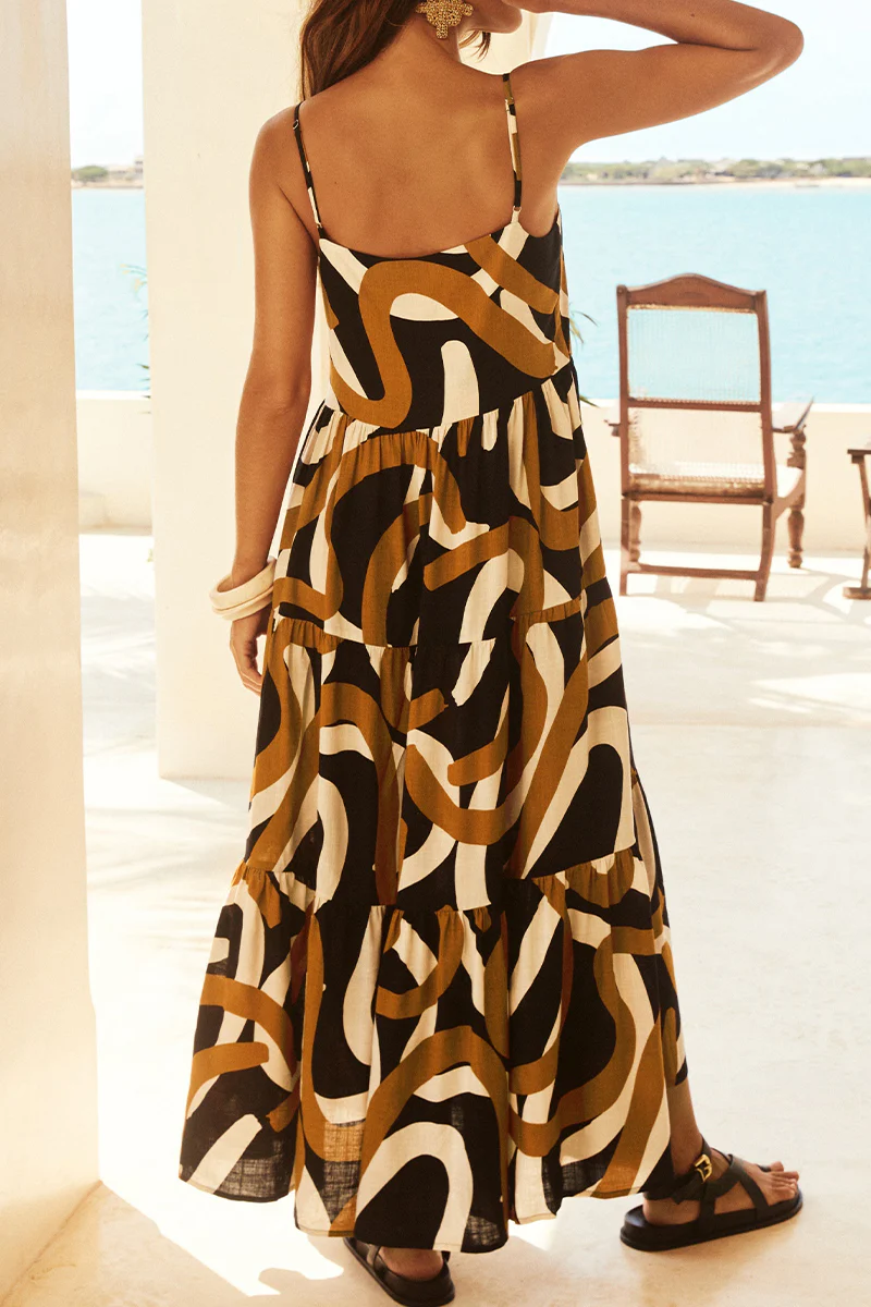 Casual Geometric Print Flounce Square Collar Sling Dresses - Panekey