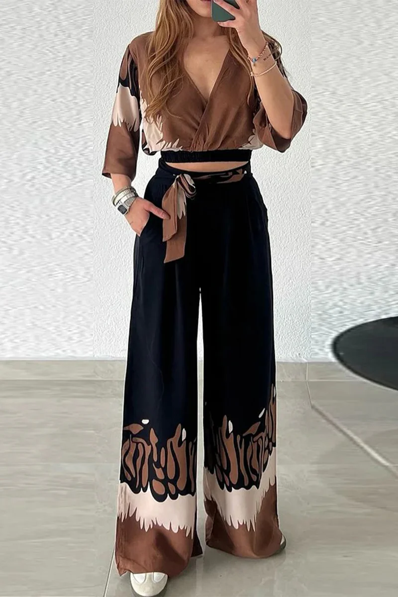 Casual Gradient Print Pocket Contrast V Neck Nine Points Sleeve Two Pieces - Panekey