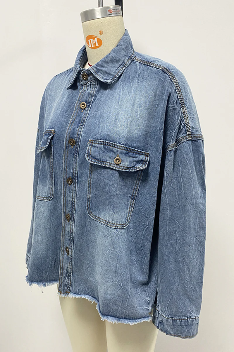 Casual Daily Gradient Color Pocket Contrast Turndown Collar Blouses - Panekey