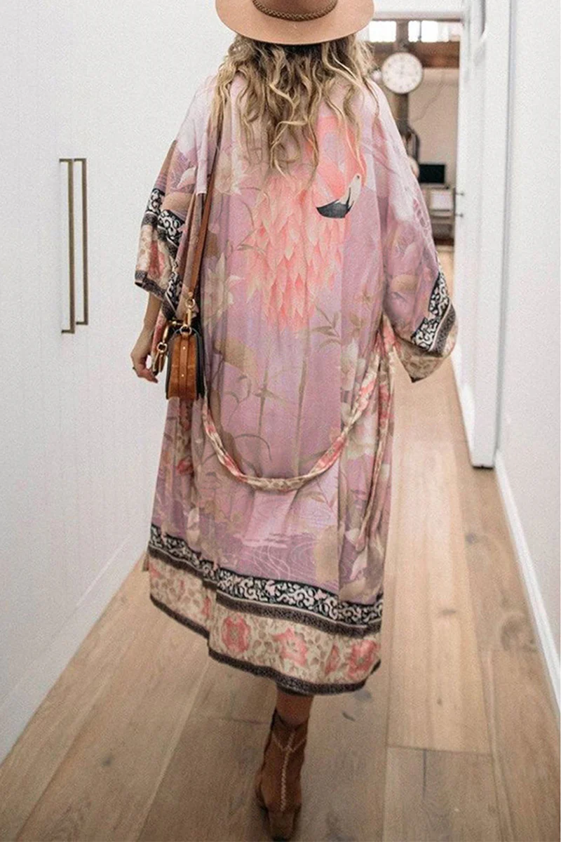 Casual Floral Print Lace Up Contrast Swimwears Cover Up - Panekey