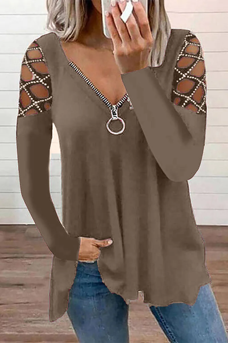 Casual Patchwork Hollowed Out Hot Drill Zipper Collar Tops(7 Colors) - Panekey