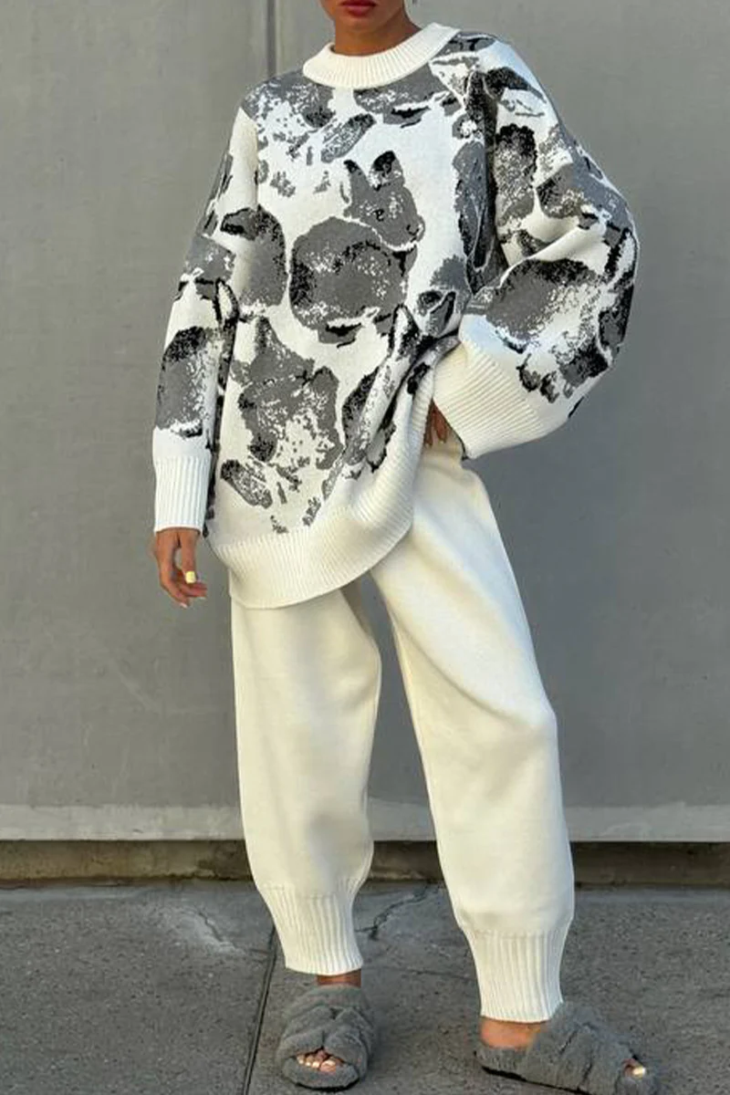 Casual Geometric Print Weave Contrast O Neck Long Sleeve Two Pieces - Panekey