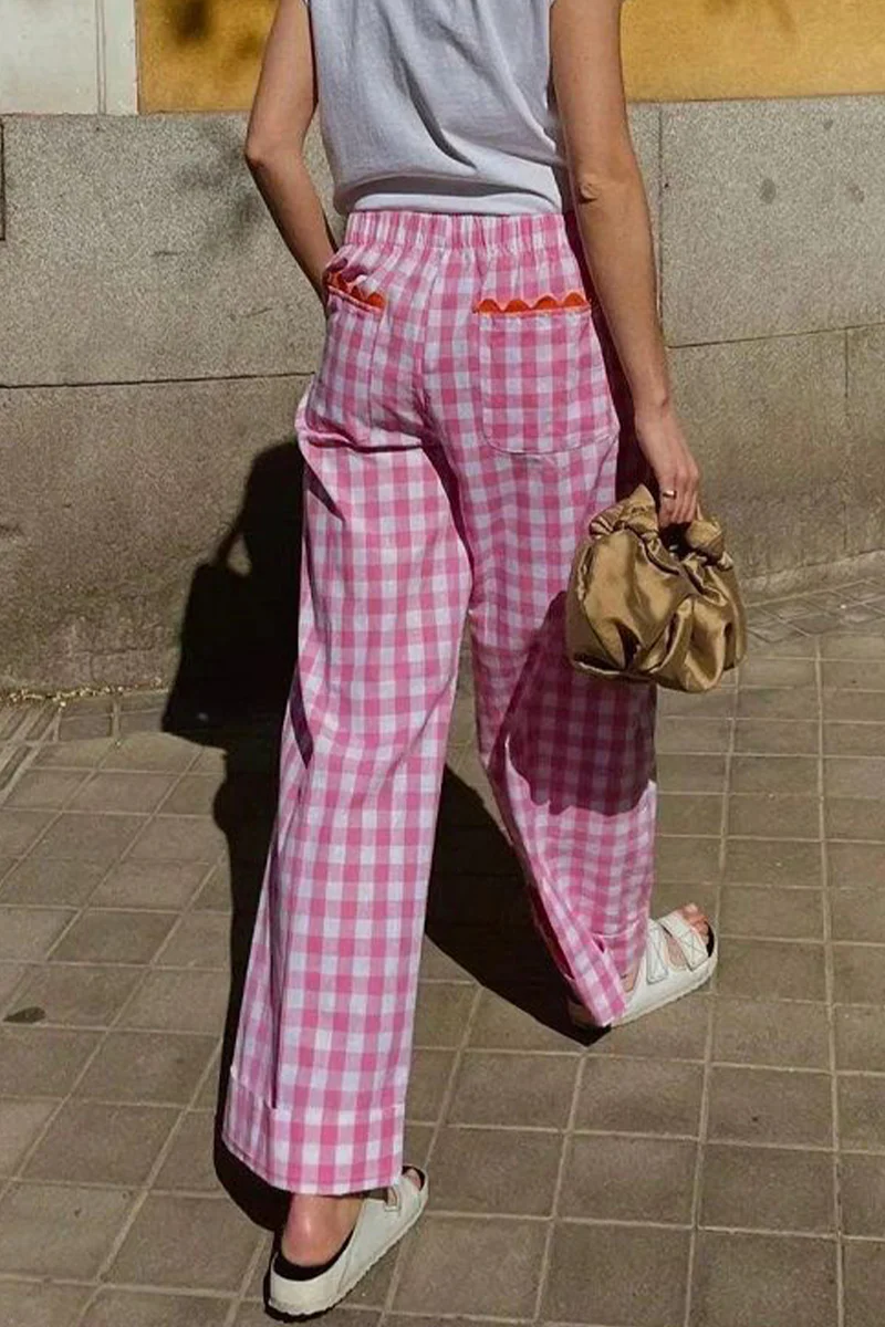 Casual Daily Plaid Stripe Pocket Loose High Waist Straight Full Print Bottoms(4 Colors) - Panekey