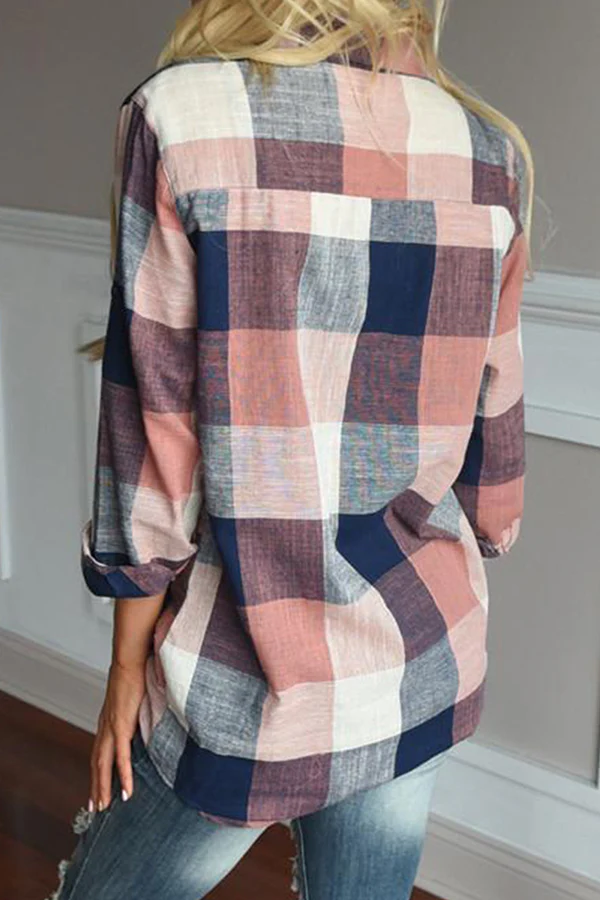 Casual Plaid Pocket Buckle Turndown Collar Tops - Panekey