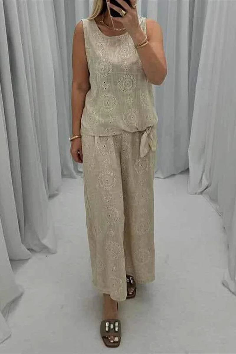 Casual Daily Solid Color Hollow Out Pocket O Neck Sleeveless Two Pieces - Panekey