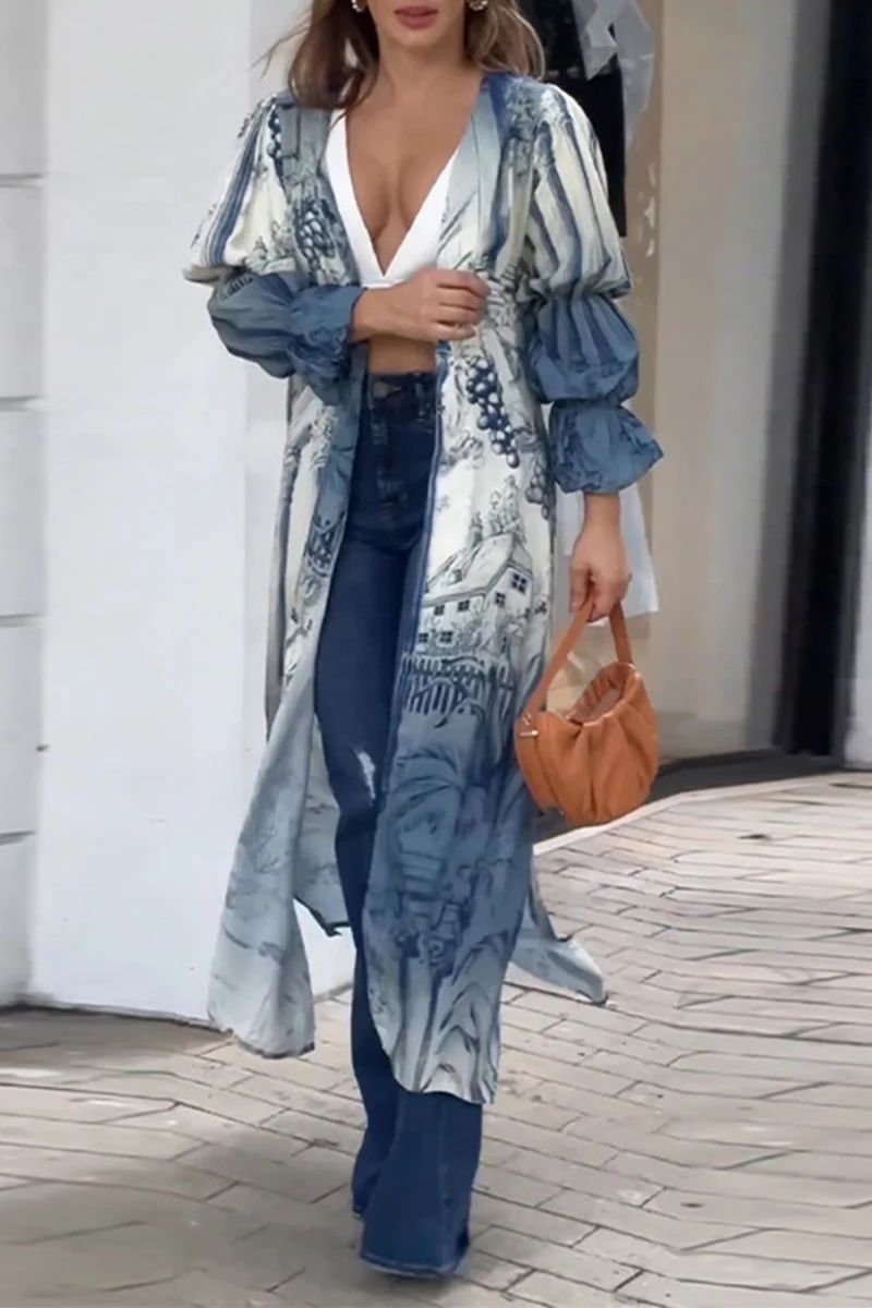 Casual Floral Slit Cardigan Collar Tops - Panekey