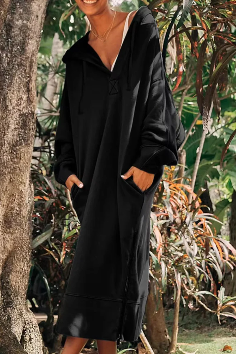 Casual Daily Pocket Slit Hooded Long Sleeve Dresses(4 Colors) - Panekey