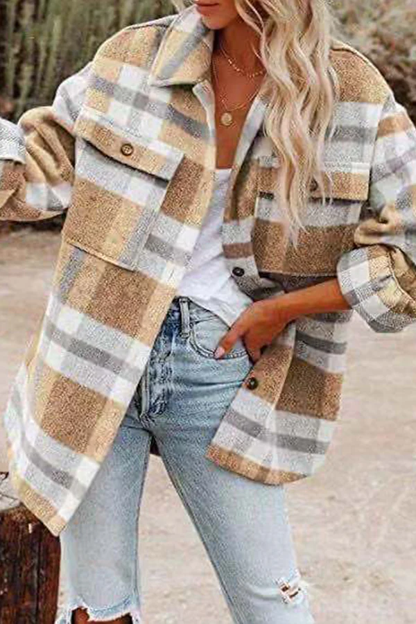 Casual Plaid Pocket Buckle Turndown Collar Outerwear(8 Colors) - Panekey